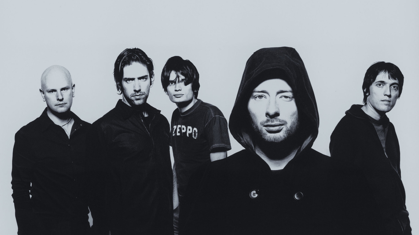 The Radiohead rock band members all in black