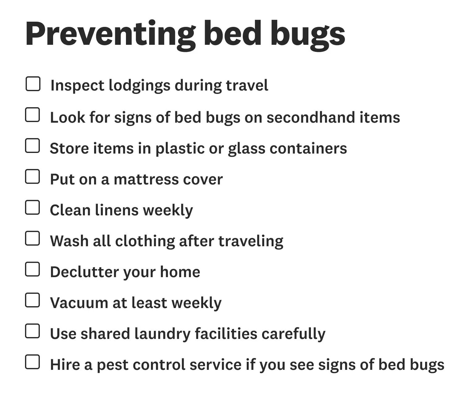 Preventing Bed Bugs Checklist