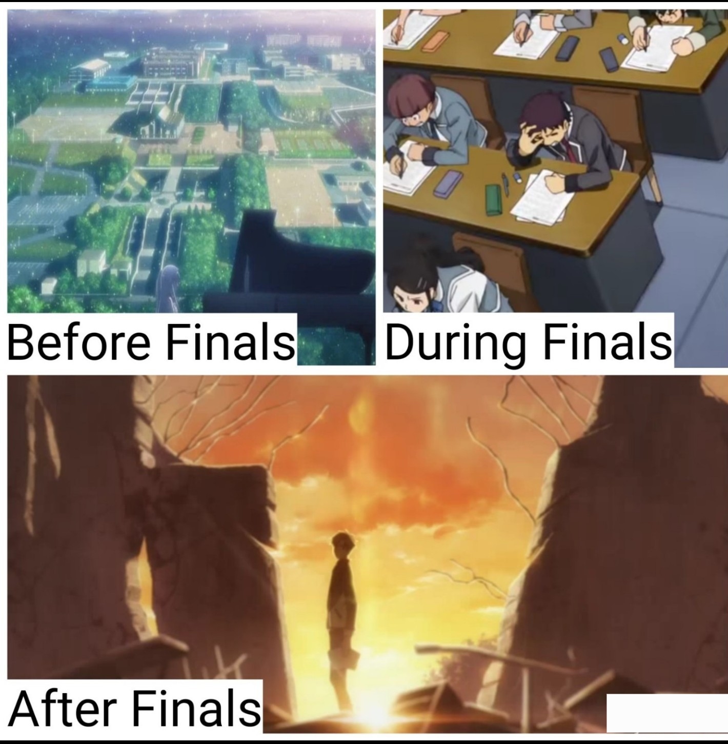 Before, during, and after finals meme
