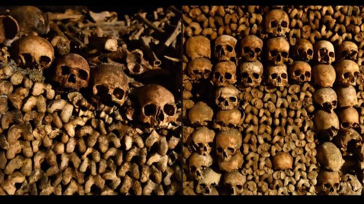 Close up of skeletons in the tunnels undeneath Paris