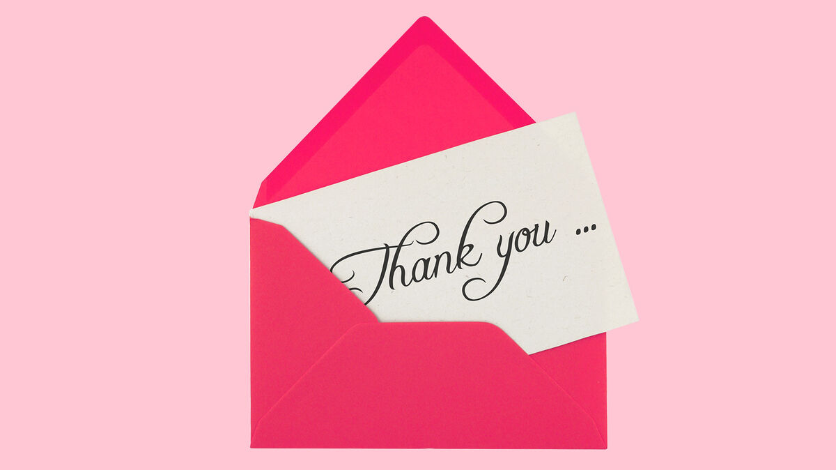 An envelope with a message saying thank you