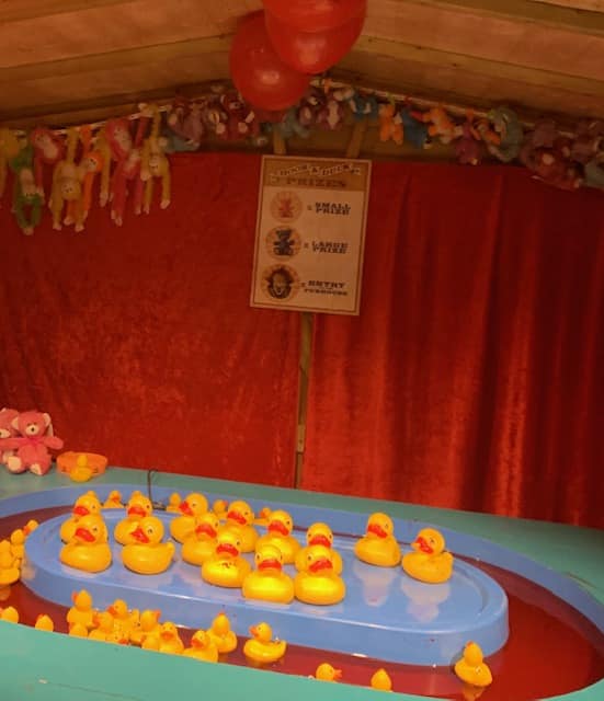 Dozens of small and medium-sized yellow rubber ducks on a stall and other stuffed toys hanging on the wall