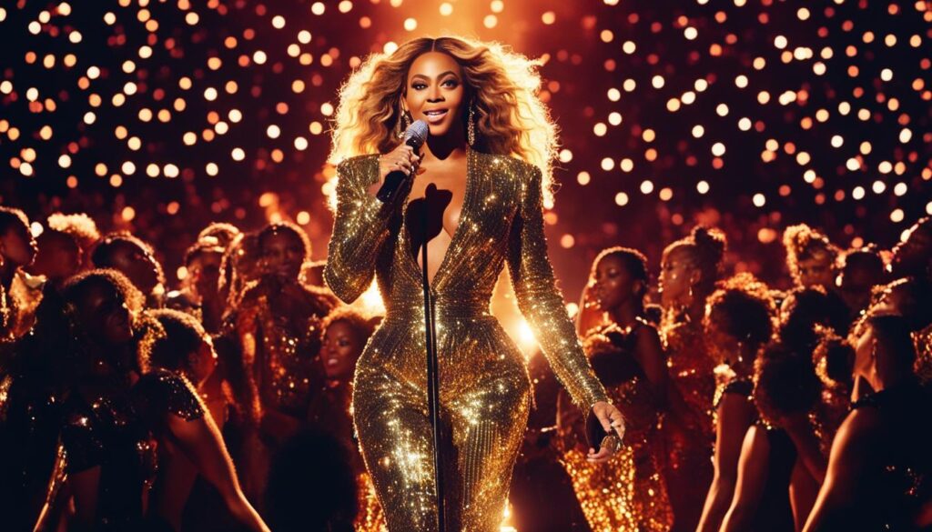 Beyoncé in a glittering outfit, performing onstage with a microphone, set against a backdrop of sparkling lights and a crowd of onlookers.