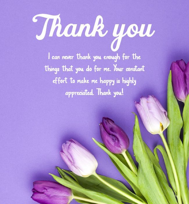 A message of thanks with purple tulips