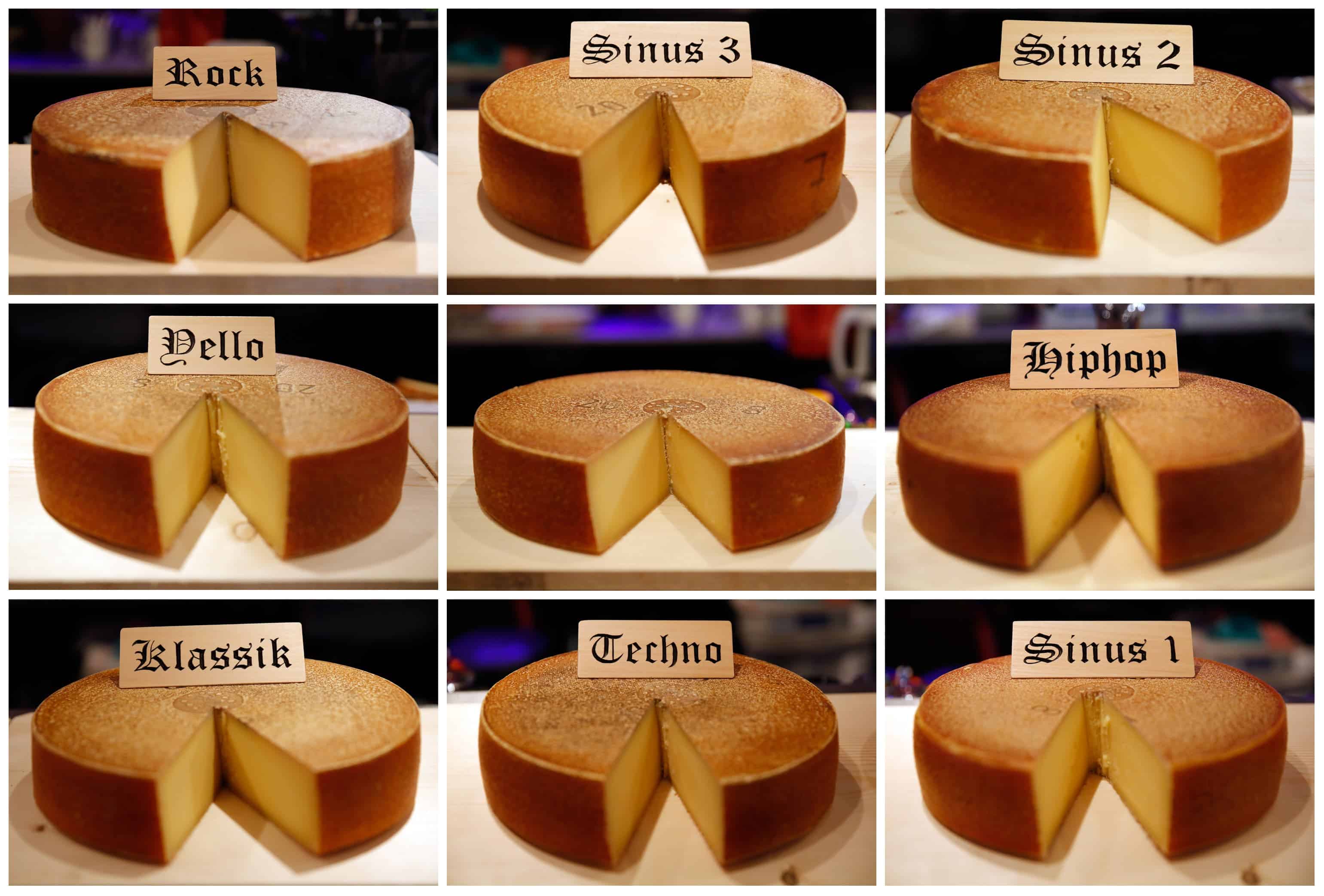 9 22-pound wheels of Emmental cheese exposed to different genres of music over a six-month period for the experiment.