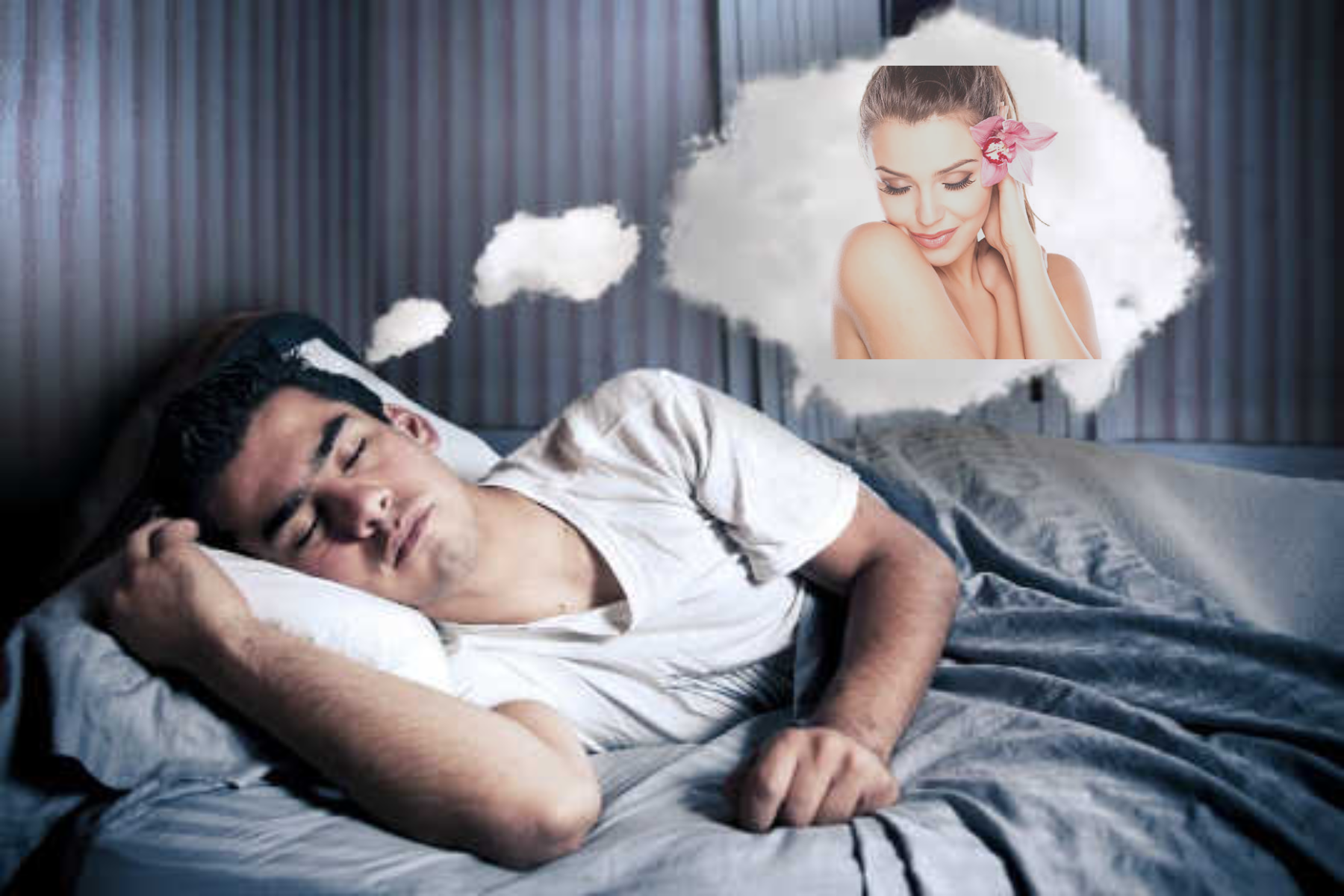 A man is sleeping and dreaming about a woman.